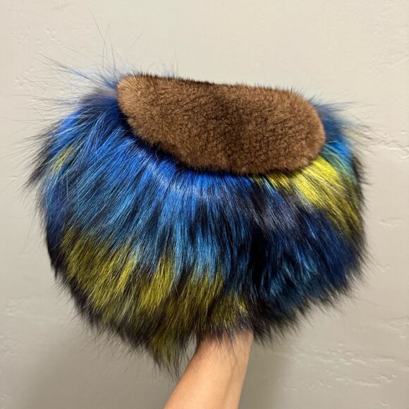 Unique Colorful Real Mink Fur with Finn Raccoon Fur Bag Includes 2 Strap Styles - Picture 14 of 17